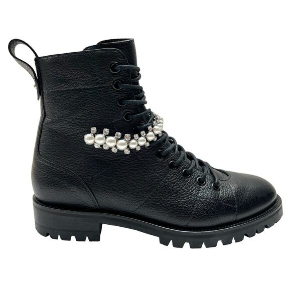 JIMMY CHOO Cruz Quilted Crystal Strap Embellished Black Combat Boots EU 37 US 7 - Picture 1 of 16